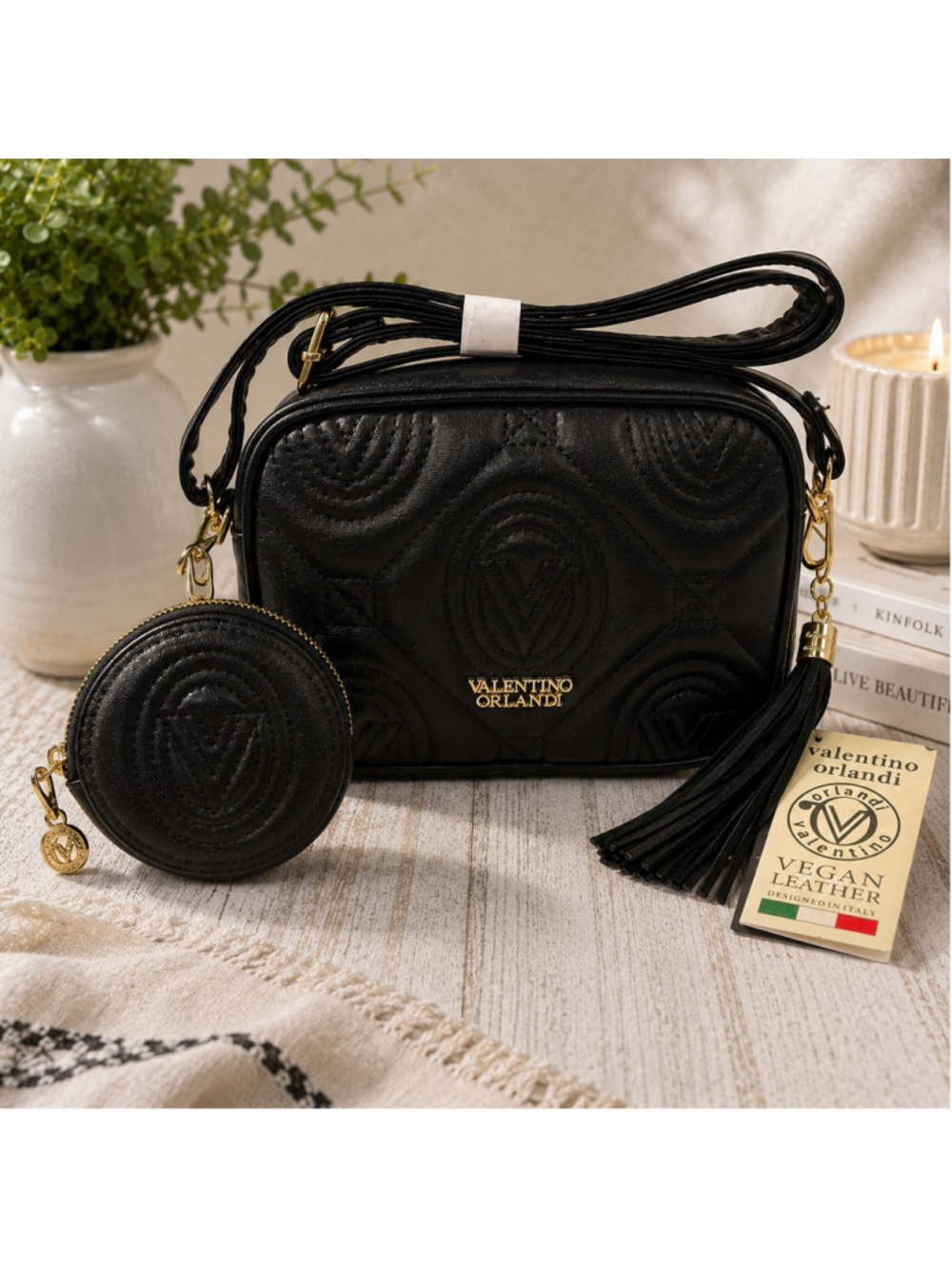 Valentino Orlandi V 2029 Black Vegan Leather Crossbody Bag Coin Purse NWT